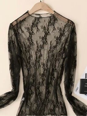 Plus Sheer Black Lace Long-Sleeve Top - Women's Elegant Evening Layer